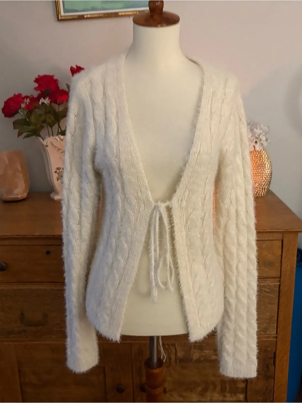 Blu pepper cozy  Cream Tie-Front Cable Knit Women's Sweater size L